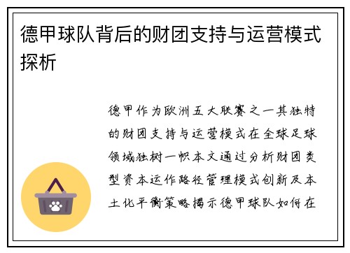 德甲球队背后的财团支持与运营模式探析